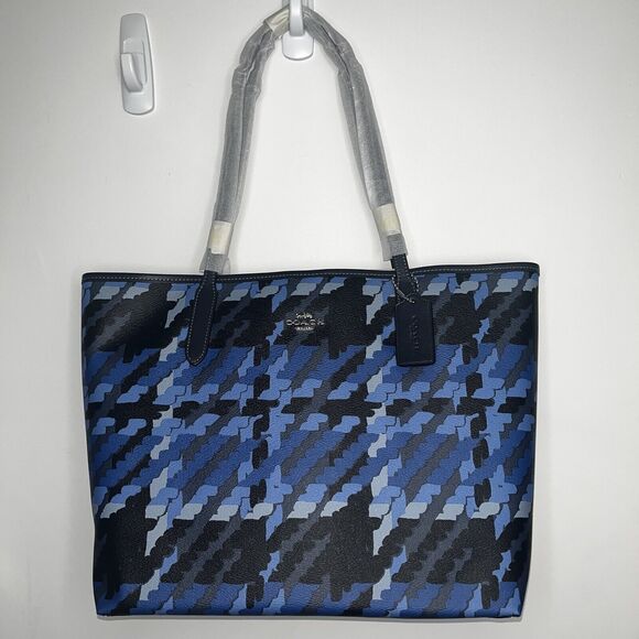 NWT Coach CM160 Graphic Blue Multi Plaid City Tote Bag